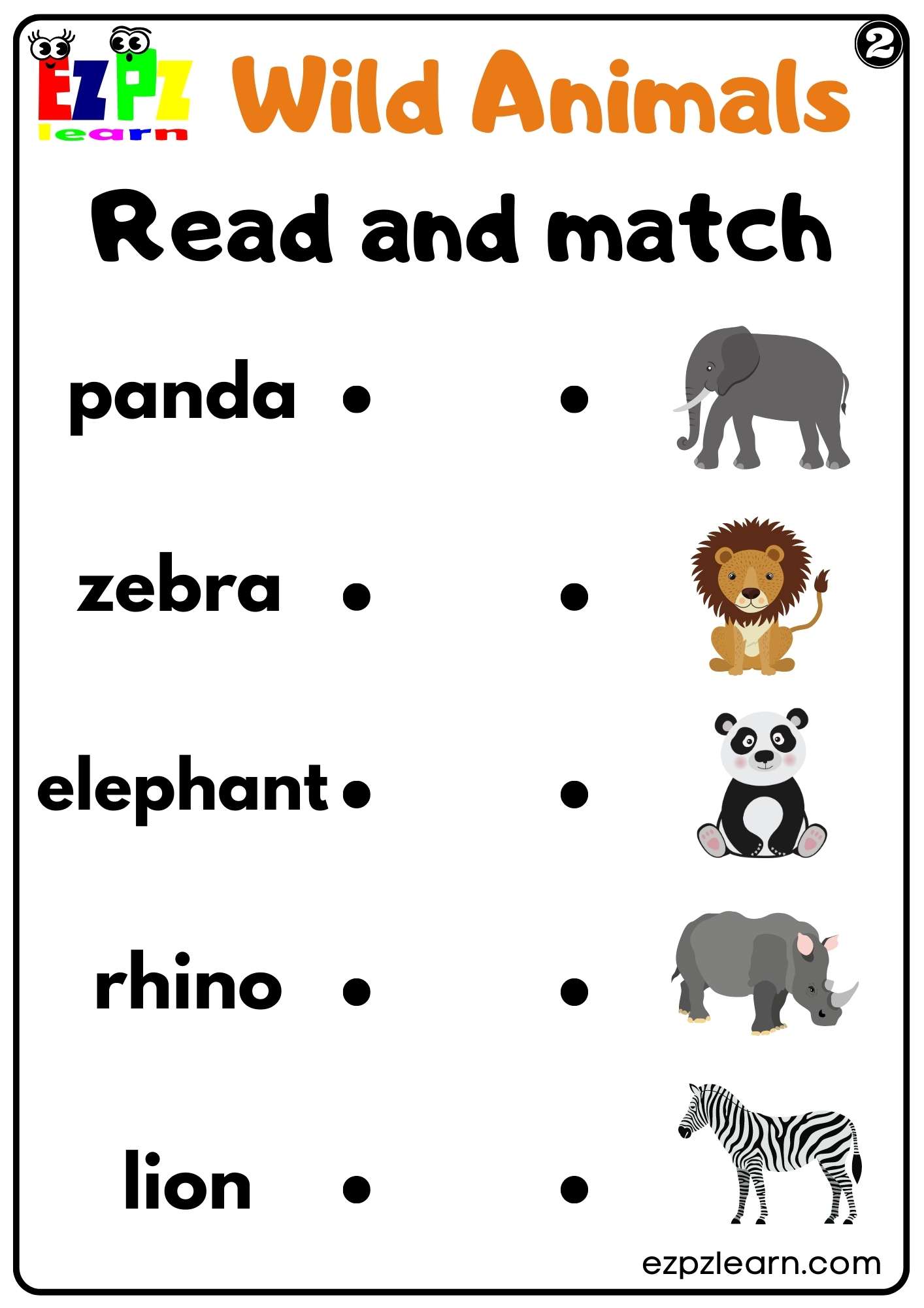 Wild Animals Read and Match Worksheet Set 2 For kids and ESL PDF Download